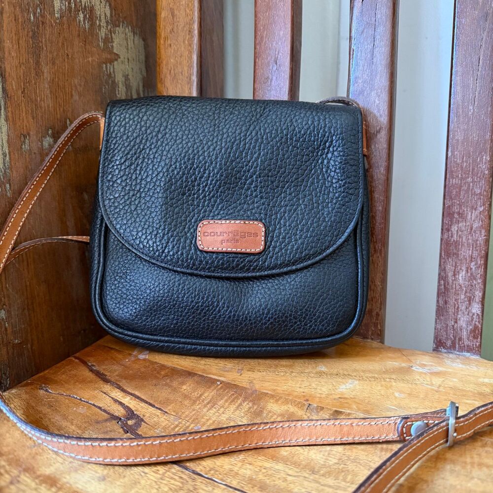 Vintage Courreges Paris Mini Crossbody Bag Black and Tan Leather